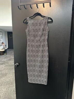 Calvin Klein Black and White Tweed Midi Sheath Dress